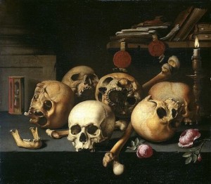 Aelbert Jansz. van der Schoor, Vanitas Still Life with Skulls on a Table, 1660
